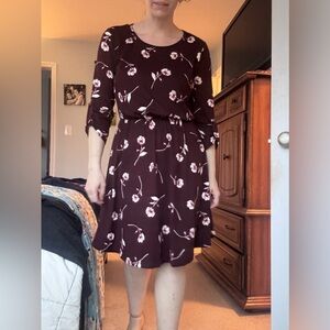French Grey Burgundy Floral Long Sleeve Dress Size L